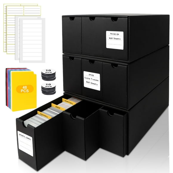 QLOUNI Trading Card Storage Box, Includes 12-600 CT Boxes & 48 Card Dividers, 12000+ Trading Card Organizer for Collectible Games, for TCG, YuGiOh, MTG, PTCG (9-600 CT Boxes)