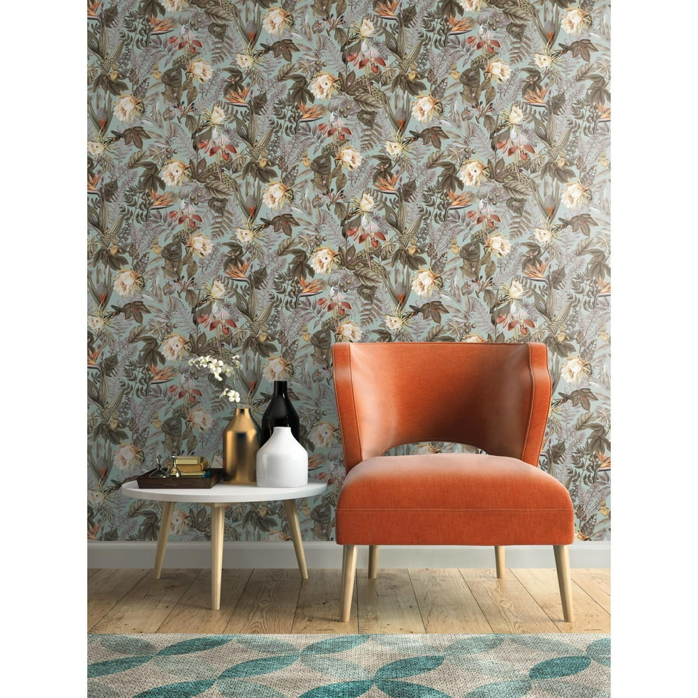 RoomMates Tropical Flowers Teal Blue Peel and Stick Wallpaper