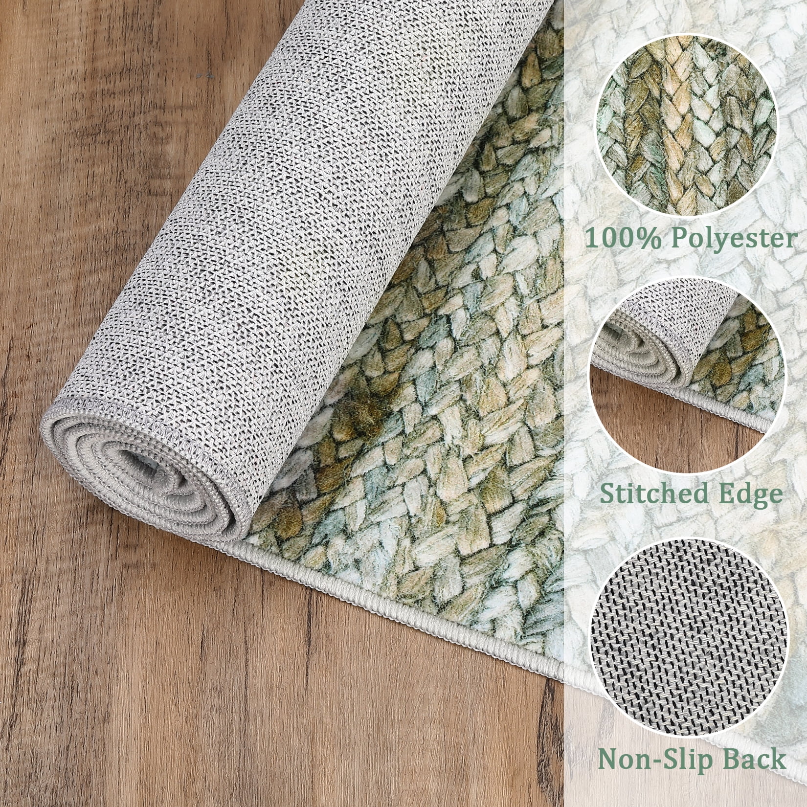 FairOnly 8'x10' Green Machine Washable Living Room Area Rugs Modern Braided Print Non Slip Rugs for Bedroom Home Office Rug Indoor Floor Carpet