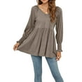 thumbnail image 2 of Liacowi Women Casual Puff Long Sleeve V Neck Tunic Tops V Neck Loose Ruffle Hem A-Line Shirt Blouse, 2 of 7