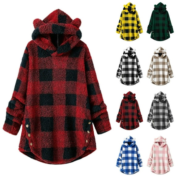 Ashirexll Oversize Hoodie Womens Hooded Pullover Plaid Drawstring Long Sleeve Fashion Casual Winter Tops