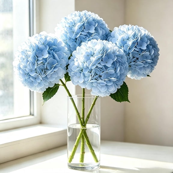 4pcs Large Light Blue (196 Petals) PREMIUM HYDRANGEA ARTIFICIAL FLOWER WITH MOISTURE TOUCH, Lifelike Faux Bloom for Wedding Decor Home Living Room Table Centerpiece