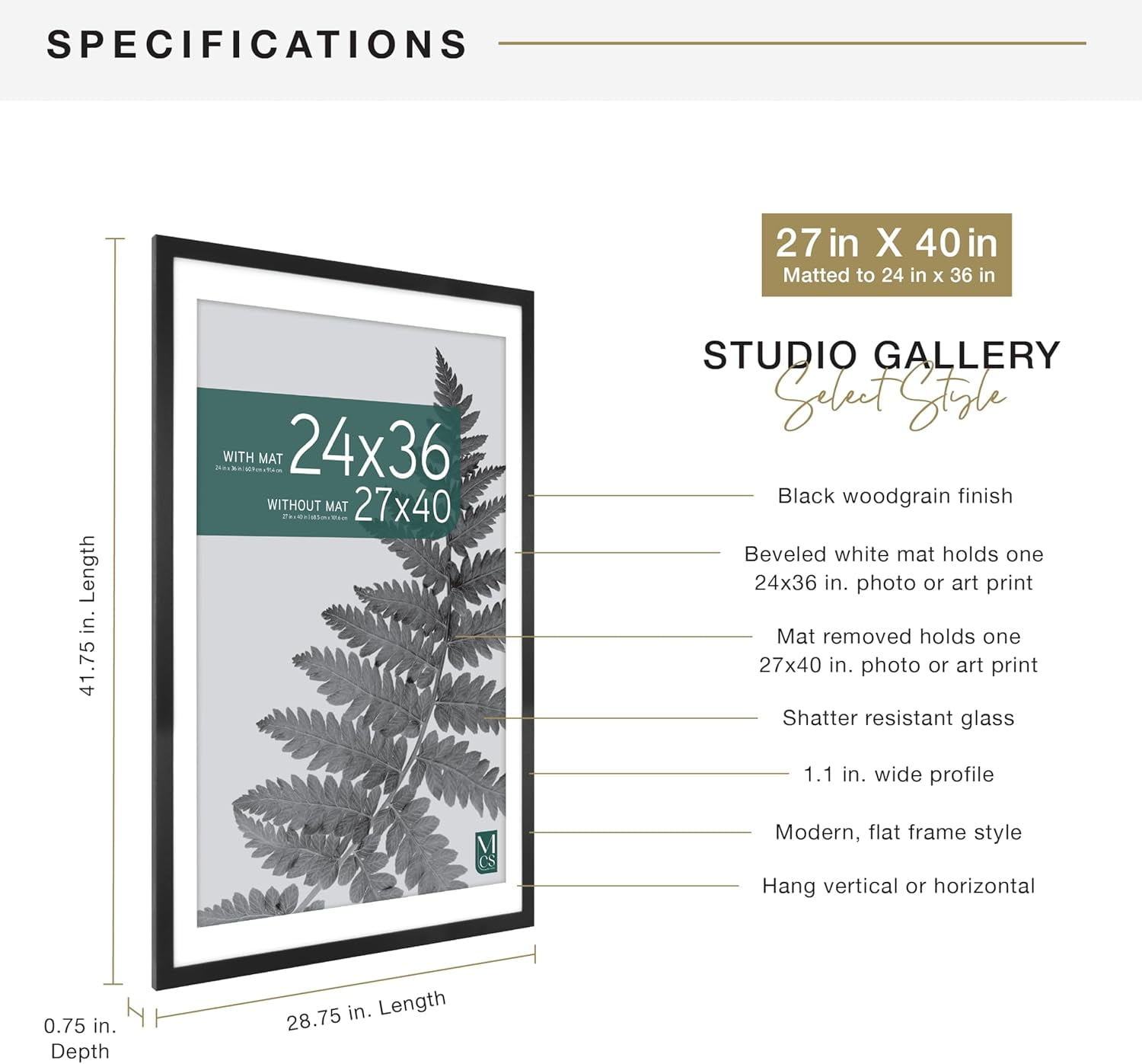 MCS Studio Gallery 27x40 Matted to 24x36 Poster Frame Black Woodgrain, Vertical & Horizontal Wall Hanging Large Picture Frame for Photos, Posters & Art Prints (1-Pack)