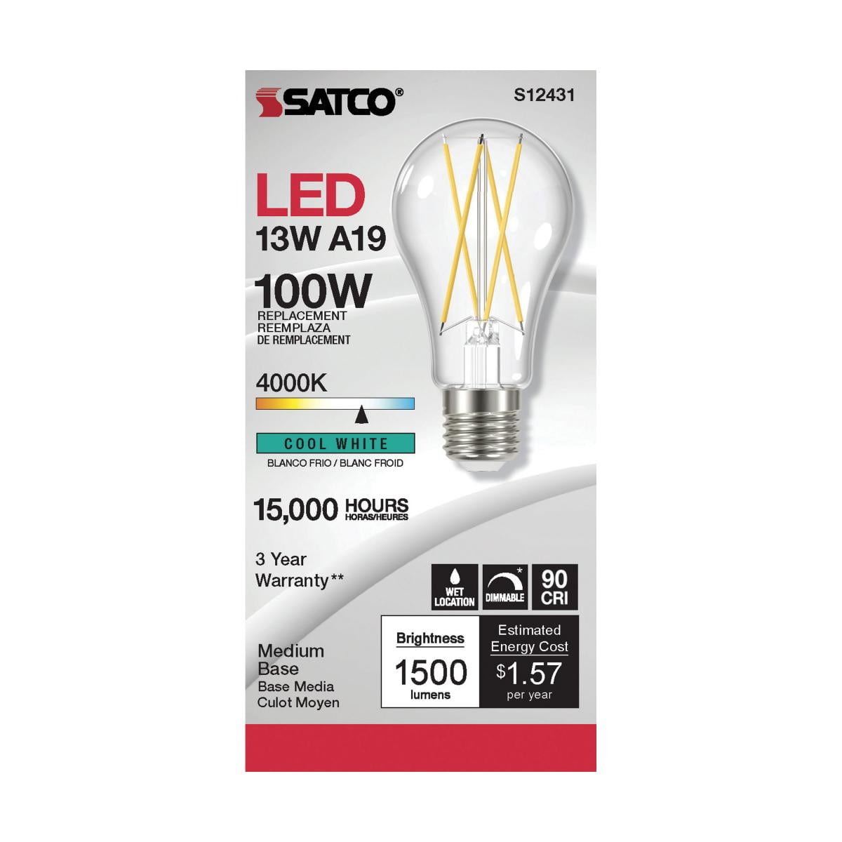 Satco S12431 (6 Pack) Dimmable LED Filament Light Bulbs, 12.5 Watt; Medium Base; 120 Volt