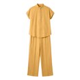 thumbnail image 4 of Cagogo Women Plus Size 2 Piece Short Sleeve Set Loose Open Front Shirt Wide Leg Pants Casual Summer Boho Vacation Outfits Cruise Airport Travel Clothes Solid Lounge Matching Sets, Yellow M, 4 of 7