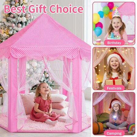 WILWOLFER PRINCESS PLAY TENT FOR GIRLS WITH RUG & STAR LIGHTS – PINK INDOOR CASTLE PLAYHOUSE FOR KIDS, PRETEND PLAY TOY FOR INDOOR & OUTDOOR USE