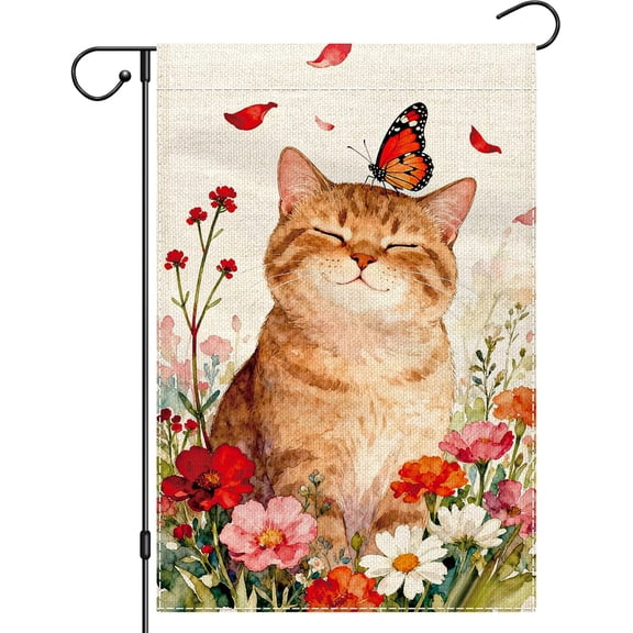 Spring Cat Garden Flag 12x18 Inch Double Sided Welcome Kitty Yard Flag Floral Burlap Small Outdoor Seasonal Decoration Flag Only
