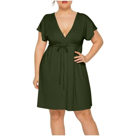 SAFUNY Women s Flare Tunic Dress V Neck Short Sleeve Pullover Soft Ruffle Hem Casual Daily Picnic Dress Green XXL