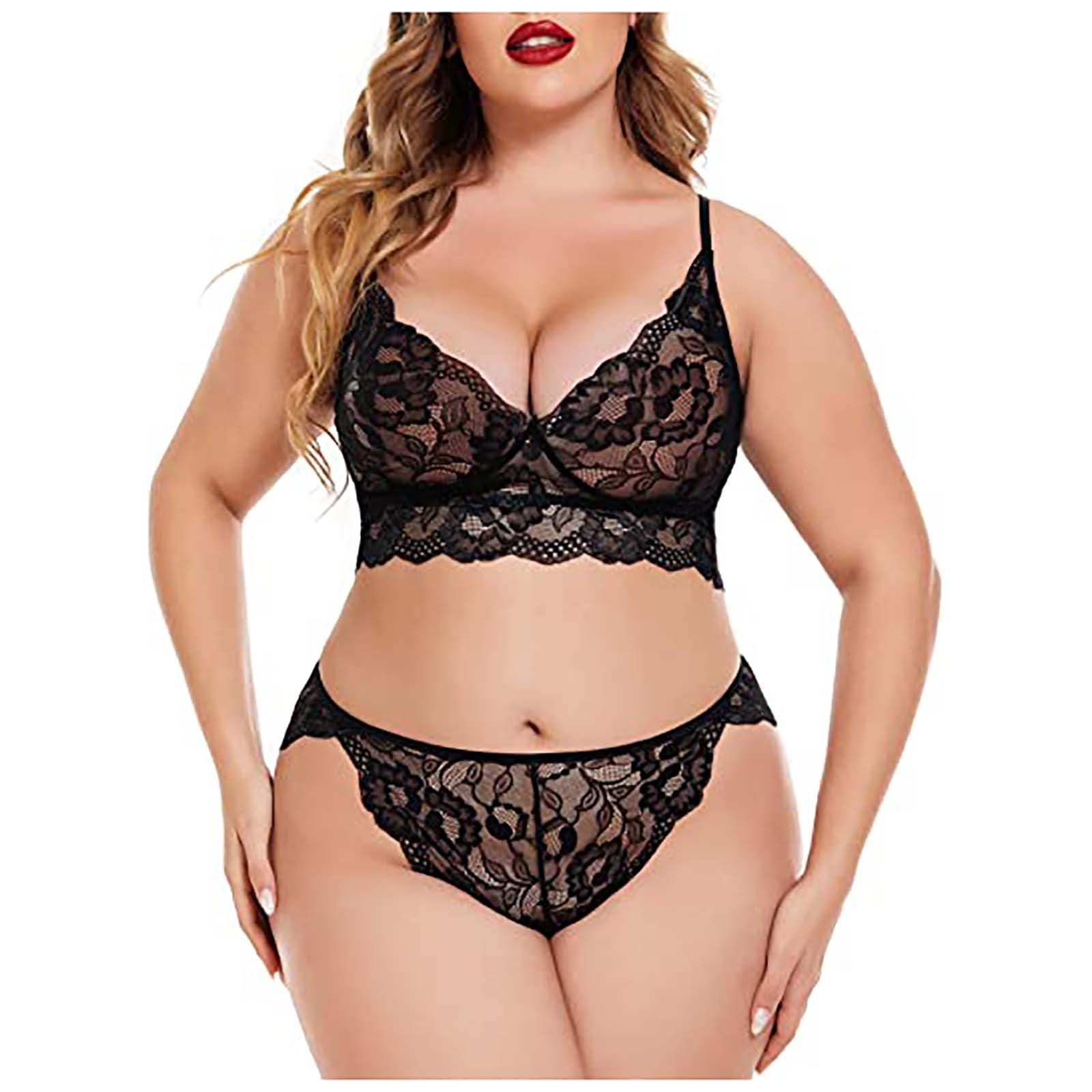 Bra and Panties Set Plus Size Sexy 2 Piece Floral Lace Underwire Lingerie  for Women XS-4X