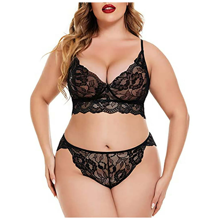 Plus Size Lace Bralette and Panty Lingerie Set with Halter Neck and Cut Out  Front