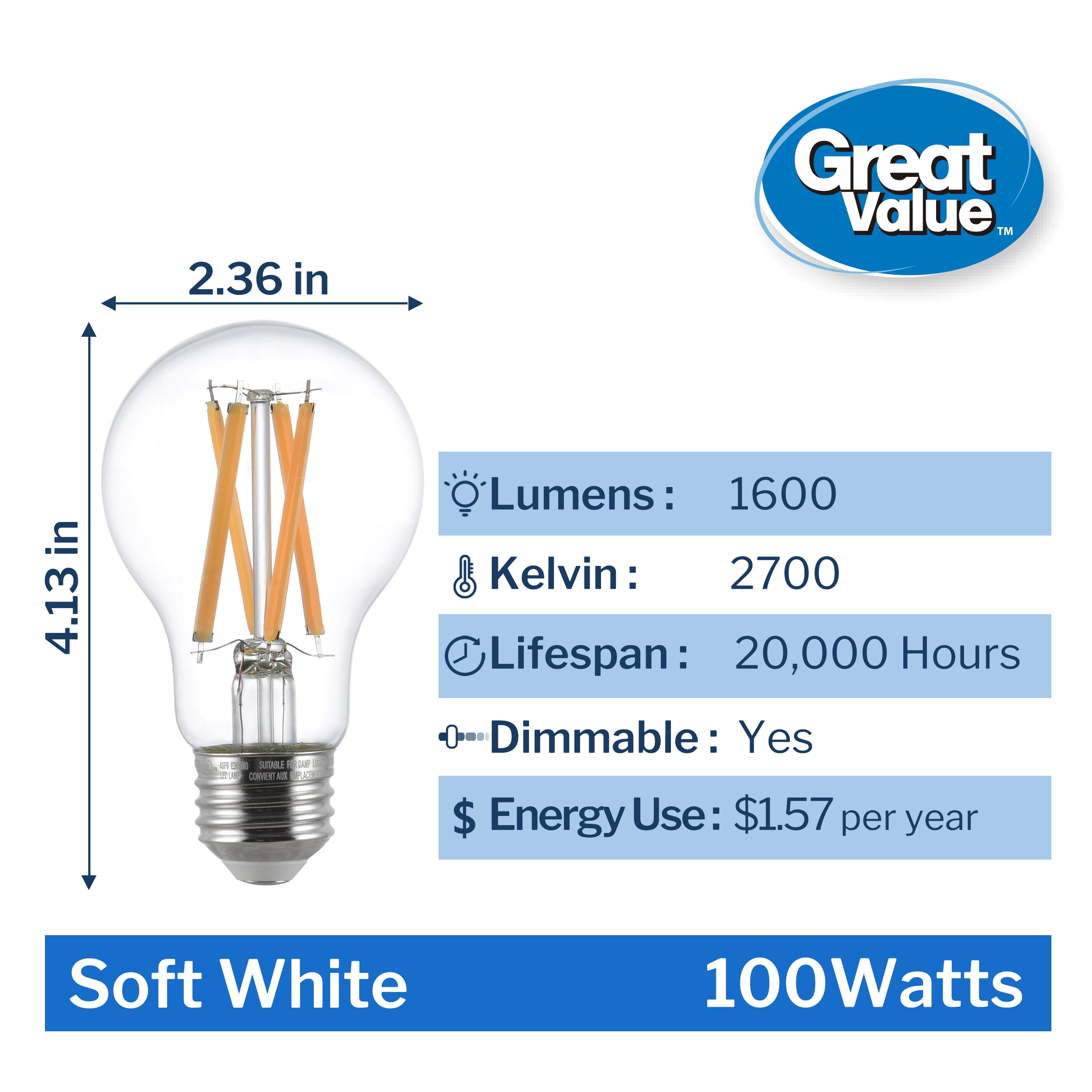 Great Value A19 LED 13W (100W Equivalent) Soft White E26 Medium Base General Purpose Light Bulbs, Dimmable, 4 Pack
