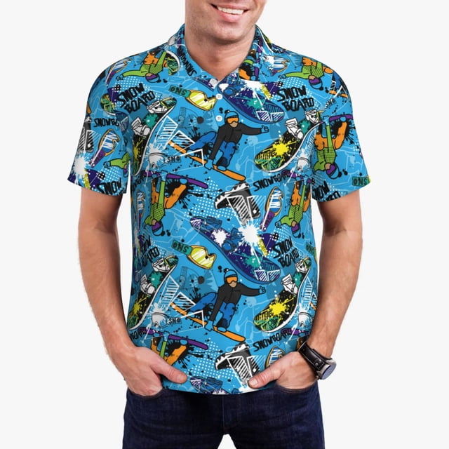 Fotbe snow board blue Pattern Men’s Golf Polo Shirt – Breathable Performance Golf Shirt with Button-Down Collar-Medium