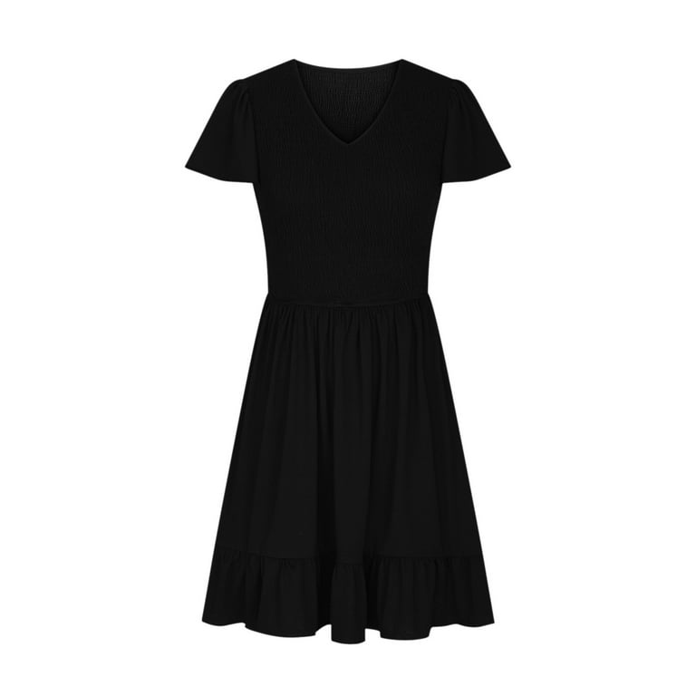Brgzlk Women's Flowy Casual Mini Dresses Trendy Breathable Comfy Short Sleeve Flutter Sleeve V Neck Knee Length Dress with Dual Pockets Black L, Size: