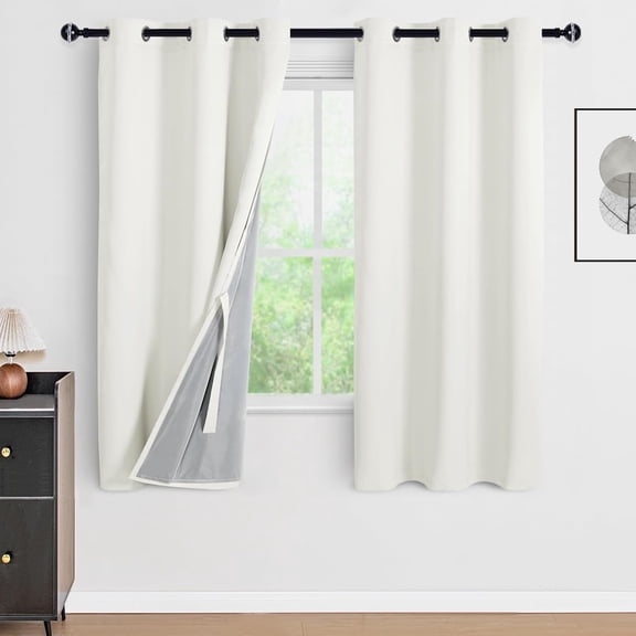 LKYUHGS-100% Ivory Blackout Curtains 72 Inches Long for Bedroom with Black Liner, Thermal Insulated Full Light Blocking Window Curtain Drapes with Tiebacks for Nursery Room W42 x L72 (2 Panels)