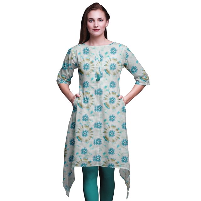 Bimba Kurti Asymétrique Vert Bandhani Imprimé Teinture sur Nœuds pour Femmes Robe d'Été Indienne Tunique Grand