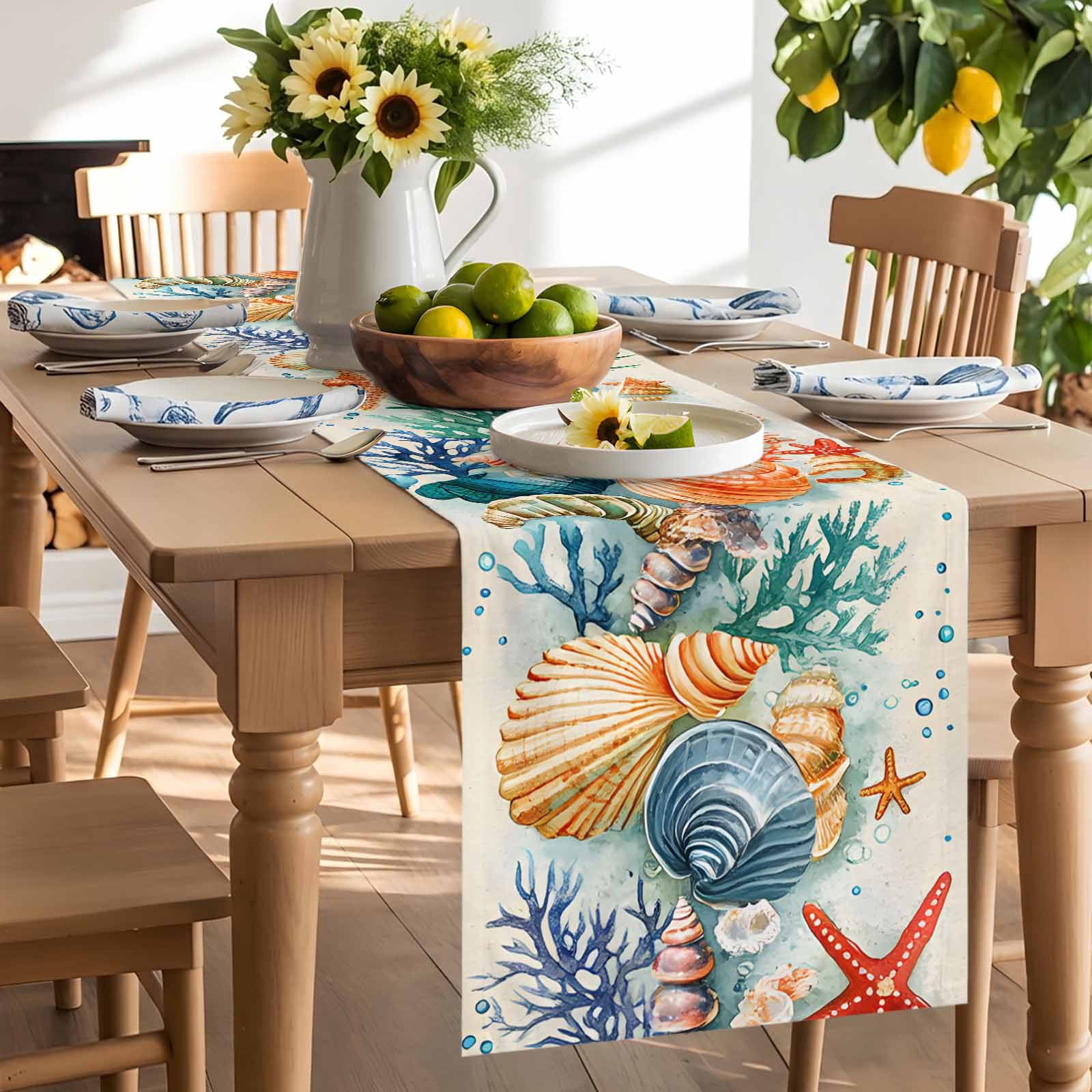 Ocean Starfish Shell Conch Table Runner 90 Inches Long, Sea Coral Underwater World Table Runners Tabletop Scarf Kitchen Dining Tables Decoration for Home Party Indoor Outdoor