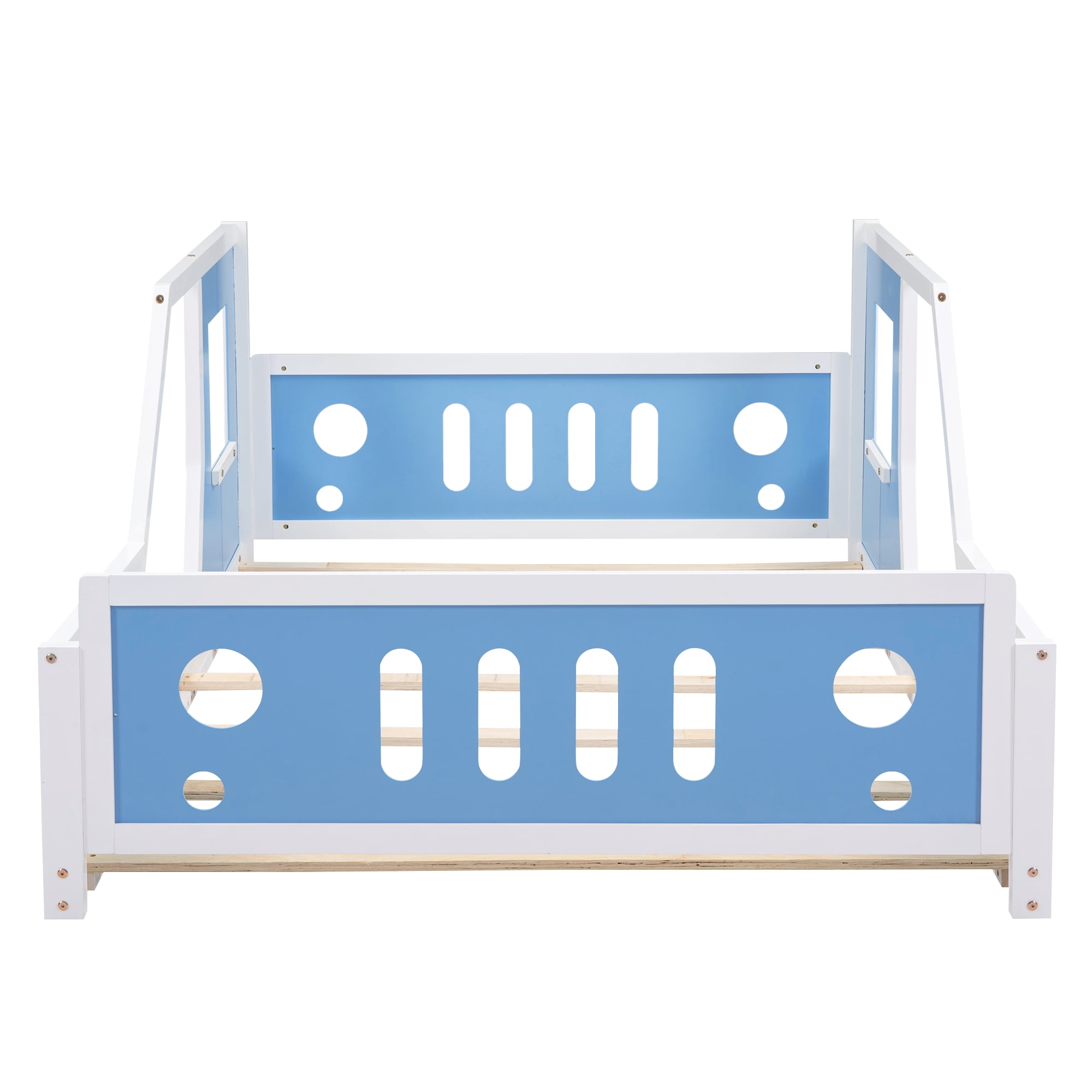 Full Size Car Bed Frame with Headboard and Footboard,Solid Wood Montessori Floor Full Bed Frame with Wheels,77.4"x57.2"x32",Easy Assembly,Blue