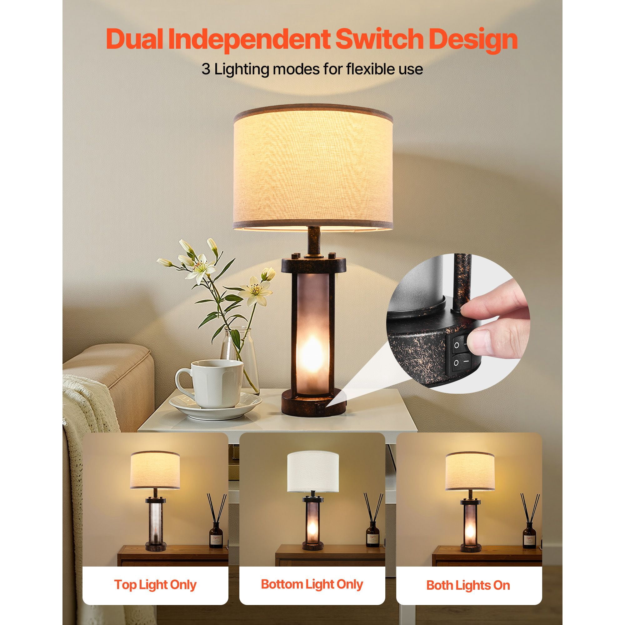 Vintage Table Lamp with Dual Light Sources, USB-A, USB-C & AC Charging Ports, Dimmable, for Bedroom Living Room