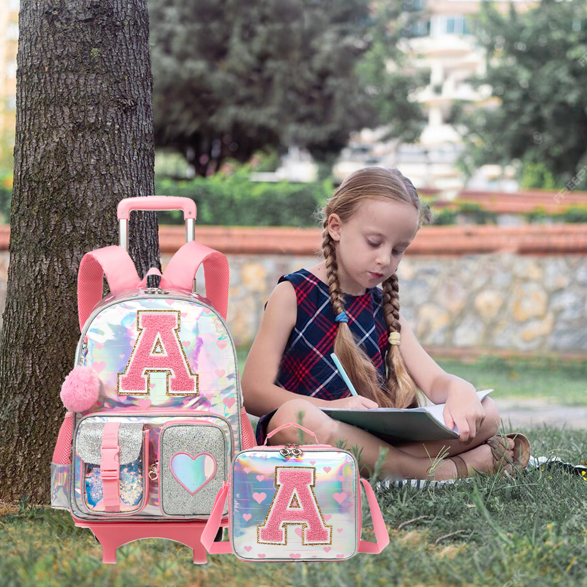 Kids Rolling Backpack with Wheels for Girls Pink Backpacks for School Elementary Student Wheeled Bookbag with Lunch Box Pencil Case