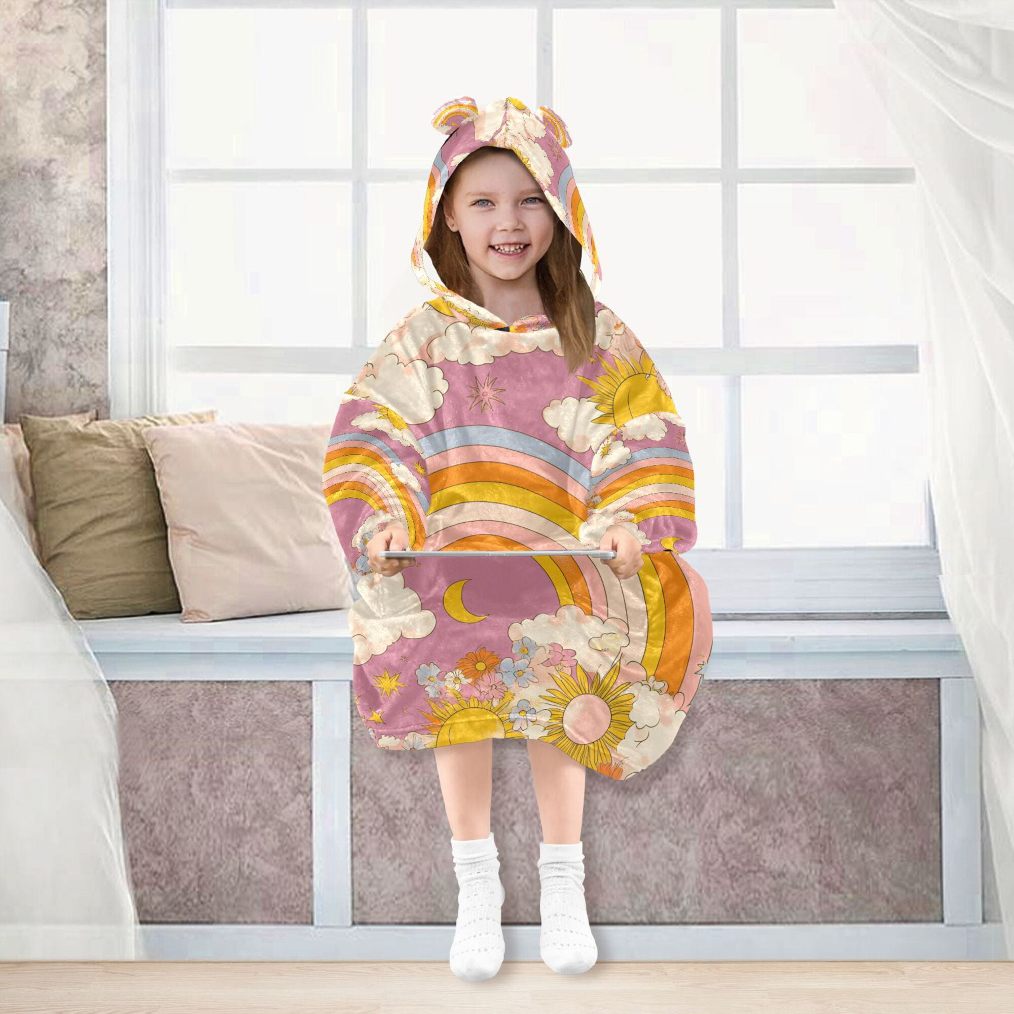 FORMRS Wearable Blanket Hoodie with Sleeves for Kids Cozy Flannel Sweatshirt, Purple Retro Rainbow