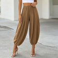 thumbnail image 2 of Lumtrix Cotton Linen Harem Pants Women Balloon Trouser Wide Leg Baggy Pants | Drawstring Elastic Waist Lantern Pants With Pockets Light Brown L, 2 of 7
