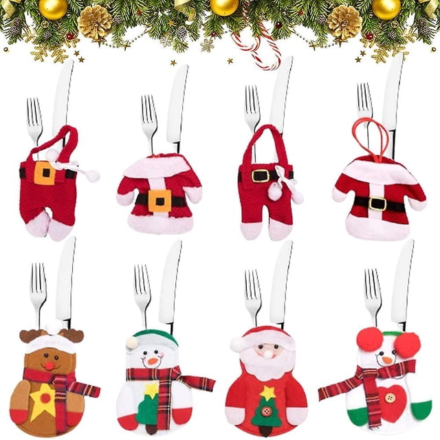 8 piezas de soporte para cubiertos navideños, servilletas de cocina, lindos portacubiertos de reno de Papá Noel y muñeco de nieve navideños para suministros de decoración de cocina, decoración de mesa