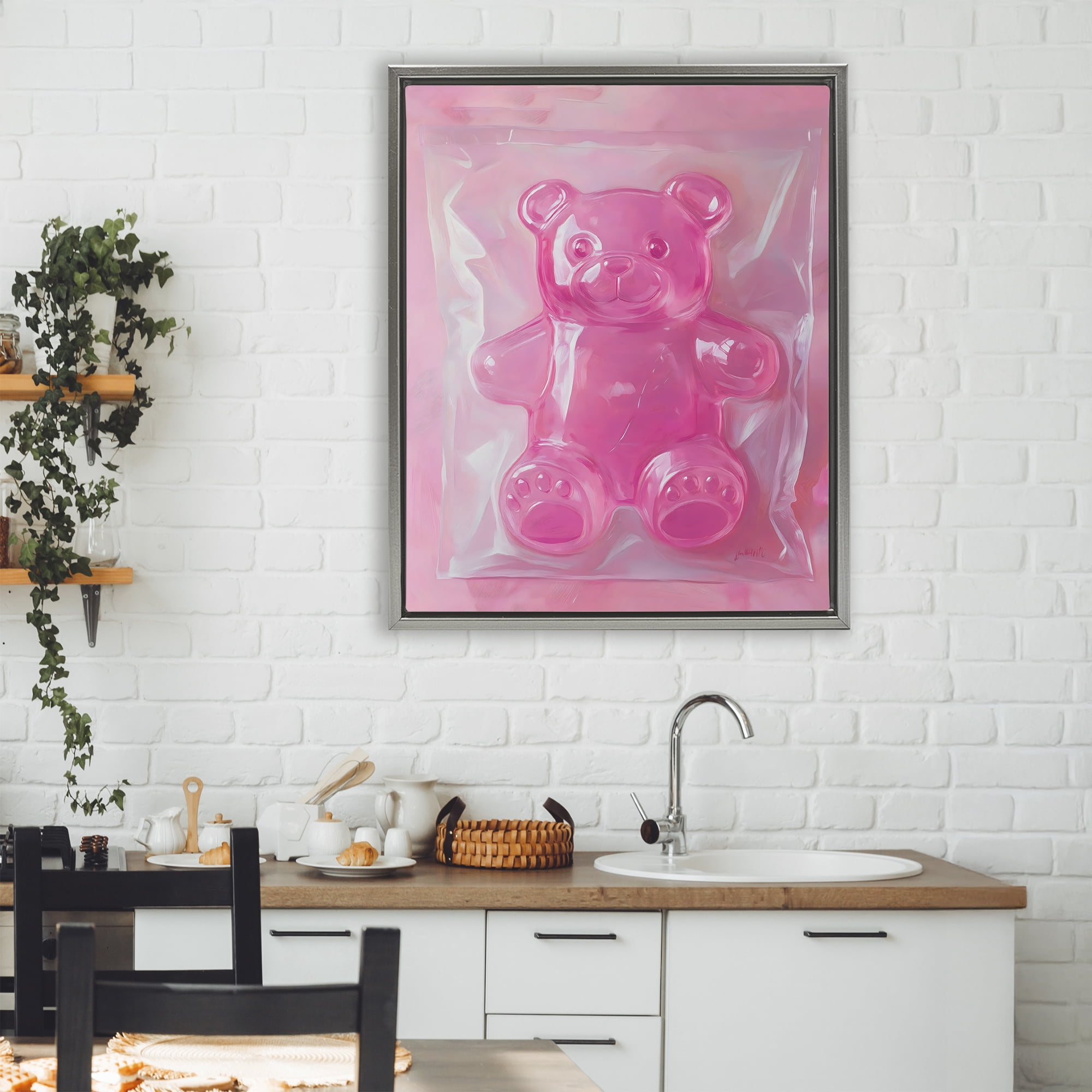Stupell Industries Pink Gummy Candy Bear Gray Framed Floater Canvas Wall Art, design by The Prints Vibe