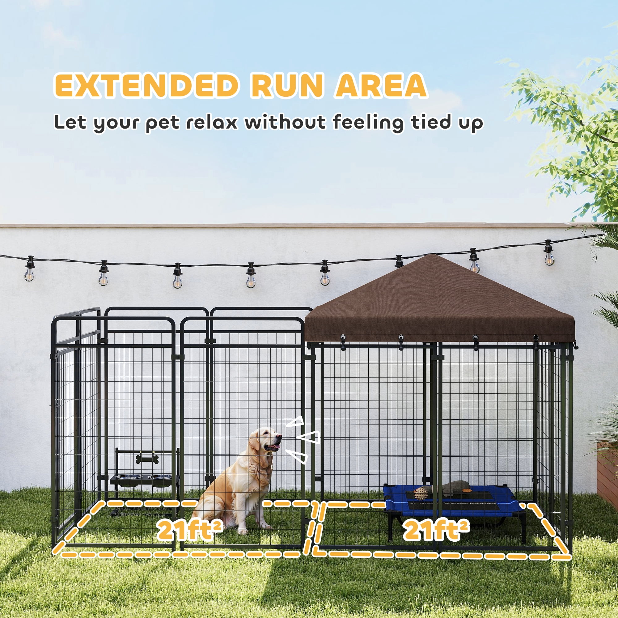 PawHut Dog Kennel Outdoor with Waterproof Canopy, Galvanized Chain Link, for Backyard and Patio, Large and Medium Sized Dog, 9.3' x 4.6' x 5.2'