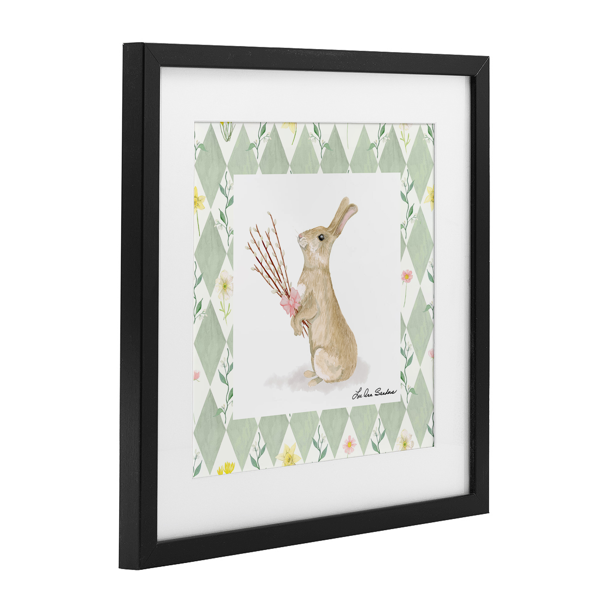 Bouquet Bunny on Green Argyle Black Framed Print Under Glass, design by Lee Ann Sanders