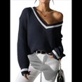 thumbnail image 2 of Suéter Holgado de Punto A Rayas de Larga para Mujer, Estilo Preppy, para Otoño e Invierno, con Cuello en V Azul Oculto S, 2 of 8