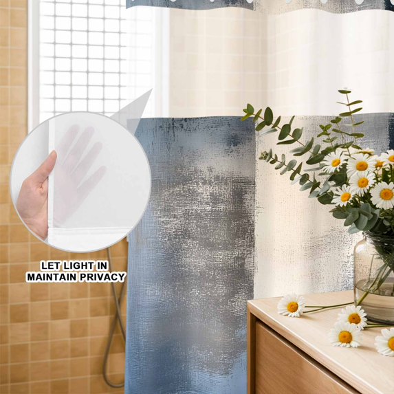 No Hook Shower Curtain with Built-in Rings - Abstract Navy Blue Gray Checkered Washable Waterproof Fabric Bathroom Curtains for Hotel,Rentals, 66 X 72 Inch Long , Modern Watercolor Art