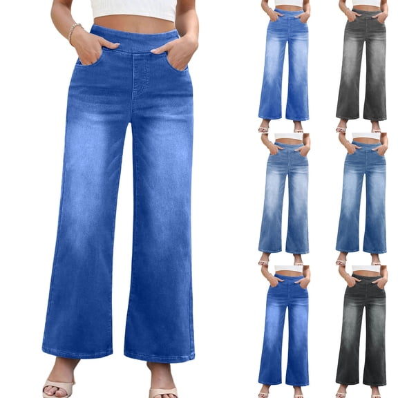 Tqyyweavej Womens Jeans Straight Leg Solid Color Lounge Trousers Wide Leg Baggy Stretch Jeans Pants with Pockets Size XS to XL
