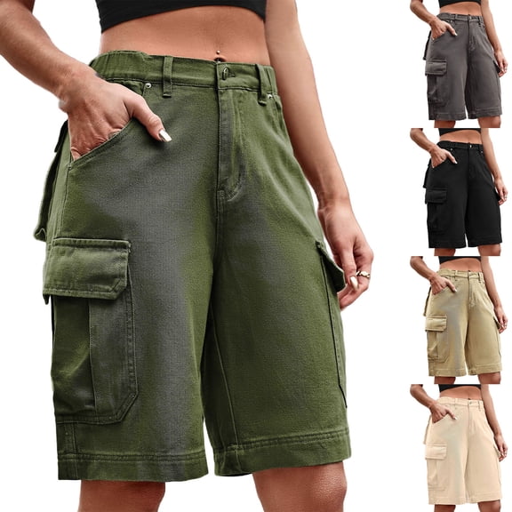 Taqqpue Bermuda Jean Shorts for Women High Waisted Trendy Stretchy Cargo Denim Shorts Knee Length Cutoff Loose Fit Long Shorts Summer Casual Jorts On Clearance for Women with Pockets S-XXL