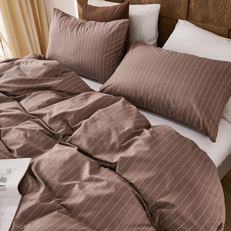Brown Pinstripe Duvet Cover Set King Size, 100% Cotton Duvet Cover Set with 2 Pillowcases, Soft and Breathable natural cotton bedding Set for All Seasons