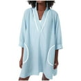 thumbnail image 1 of Jusqu'à 50 % de Rabais, Robe Courte d'Été pour Femme en Imitation Lin Décontractée Unie avec Poches, Manches 3/4, Col en V, Robe Imitation Lin, Robe de Plage, Robe Courte à Col en V Style Intemporel/100 % Polyester, Bleu Pâle, 1 of 8