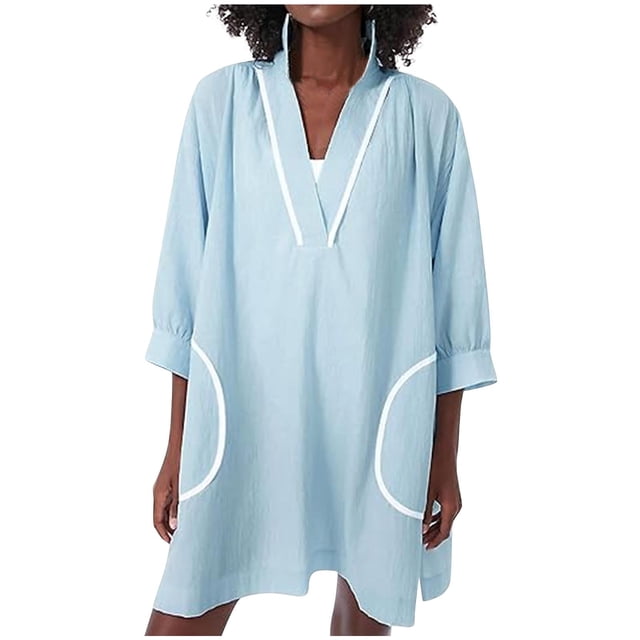 Jusqu'à 50 % de Rabais, Robe Courte d'Été pour Femme en Imitation Lin Décontractée Unie avec Poches, Manches 3/4, Col en V, Robe Imitation Lin, Robe de Plage, Robe Courte à Col en V Style Intemporel/100 % Polyester, Bleu Pâle