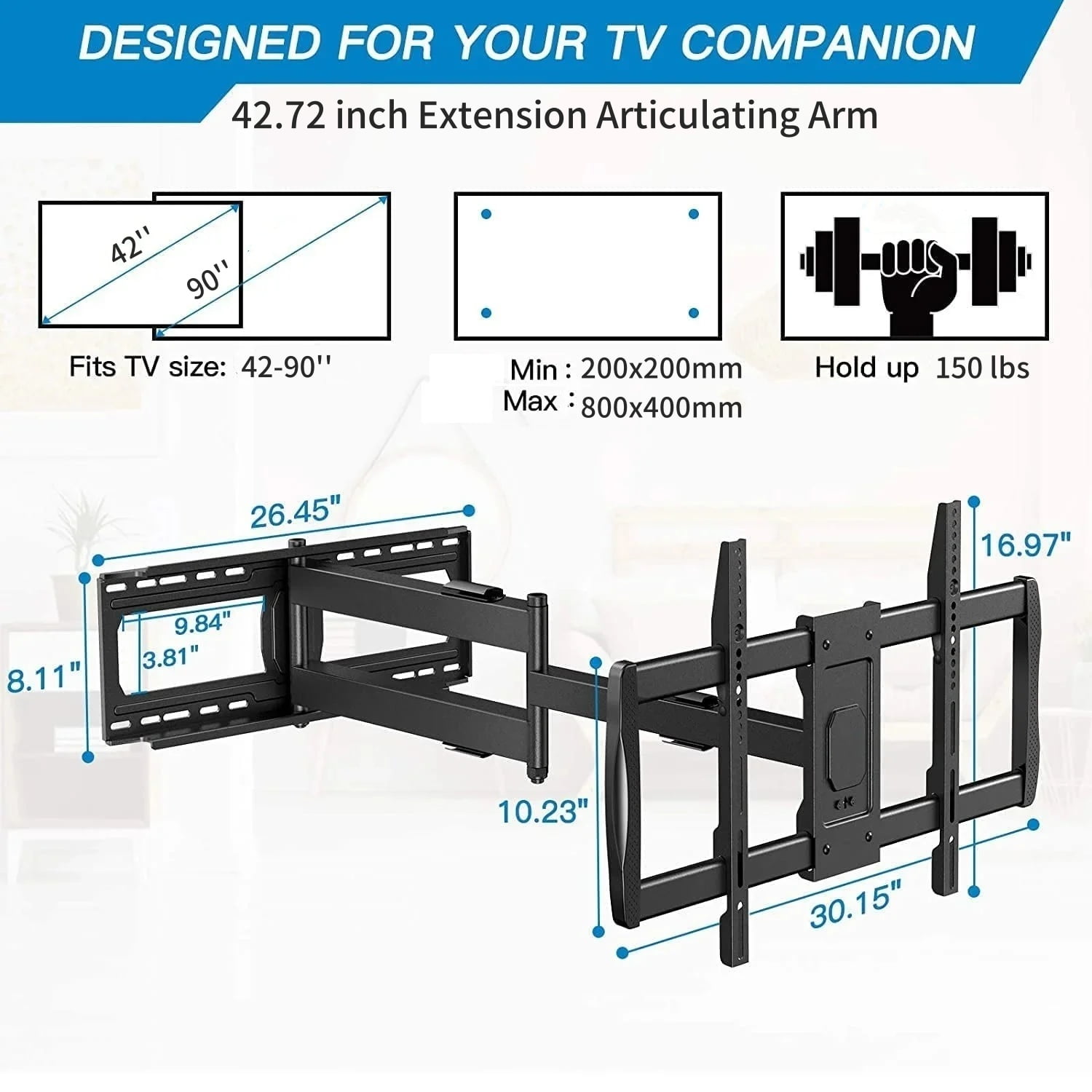 MountFTV Full Motion Long Arm TV Wall Mount for 42"-90" TVs,with 42.72 inch Long Arm Extension,up to 150 lbs,Corner Articulating TV Mount Bracket,Max 800x400mm,Swivel and Tilt