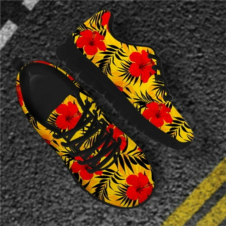 

WHEREISART Tropical Plant Red Hibiscus Fashion Women s Shoes Casual Sneakers Autumn Female Lace-up Mesh Walking Shoes for