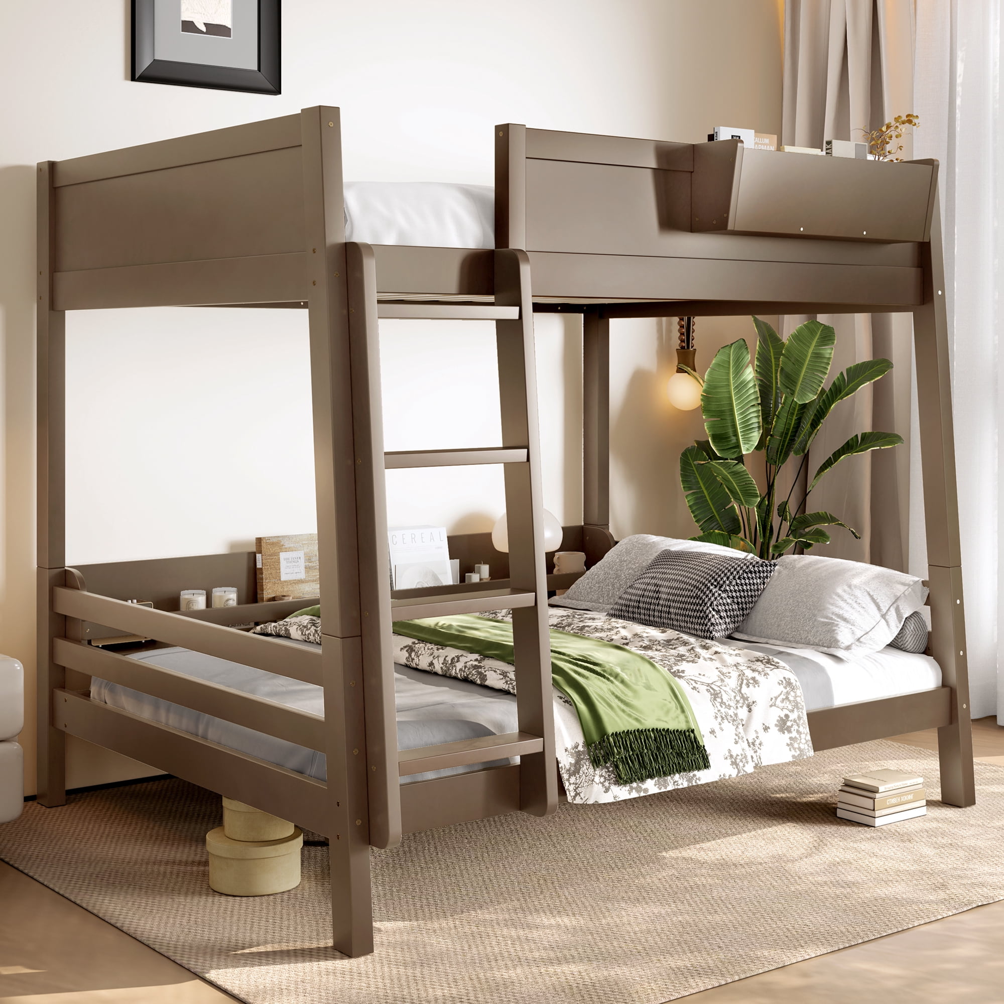 Mintazer Full Over Full Detachable Bunk Bed with Storage Shelf and Bookshelf, Modern Convertible Bunk Bed with Ladder and Guardrails for Bedroom Guest Room, Vintage Brown
