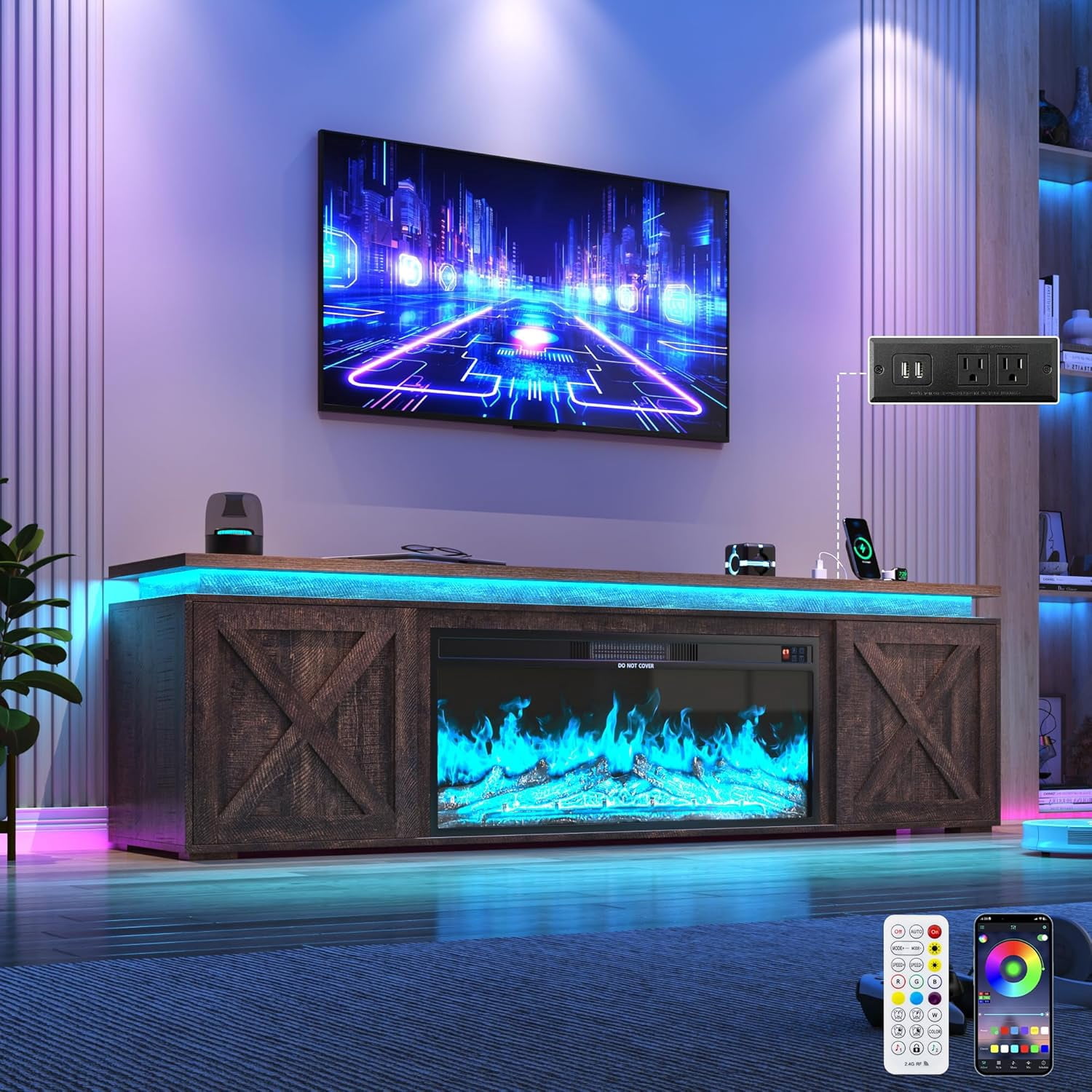 ANPOO 82.7" Fireplace TV Stand for TVs up to 95" with 40" Electric Fireplace, Large Farmhouse Entertainment Center with LED Light & Power Outlets and Sliding Barn Doors for Living Room, Bedroom