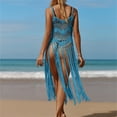 thumbnail image 7 of Cavosen Bathing Suit Cover up for Women Long Knitted Crochet Hollow Out Dress Kimono Tassel Fringe Hem Sleeveless Round Neck Sheer Breathable Side Split Long Sunscreen Solid Kaftan, 7 of 7