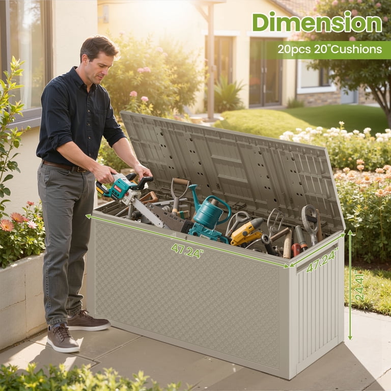 90Gal Outdoor Storage Box, Seizeen PE Rattan Patio Deck Box with