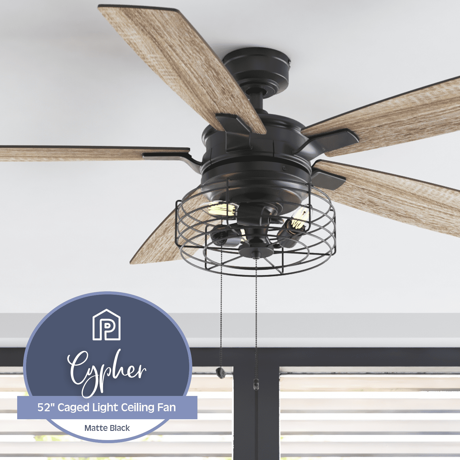 Prominence Home Cypher 52" Black Industrial Ceiling Fan with 5 Blades, Cage Light Kit, Pull Chains & Reverse Airflow