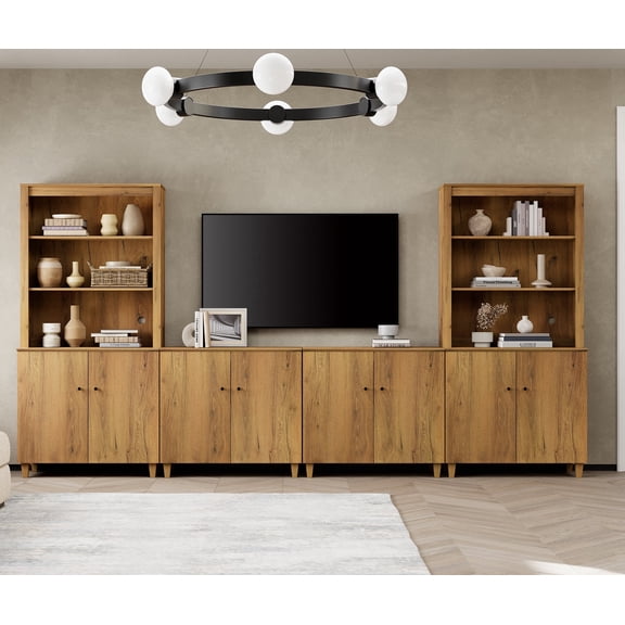 WAMPAT Modern Entertainment Center for 75" TVs, Wood TV Stand with Bookshelves and Cabinets for Living Room, Oak Brown