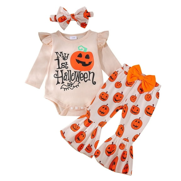 Halloween Outfits for Girls,Girls Long Sleeve Halloween Romper Bodysuit with Cartoon Print Outfit Set