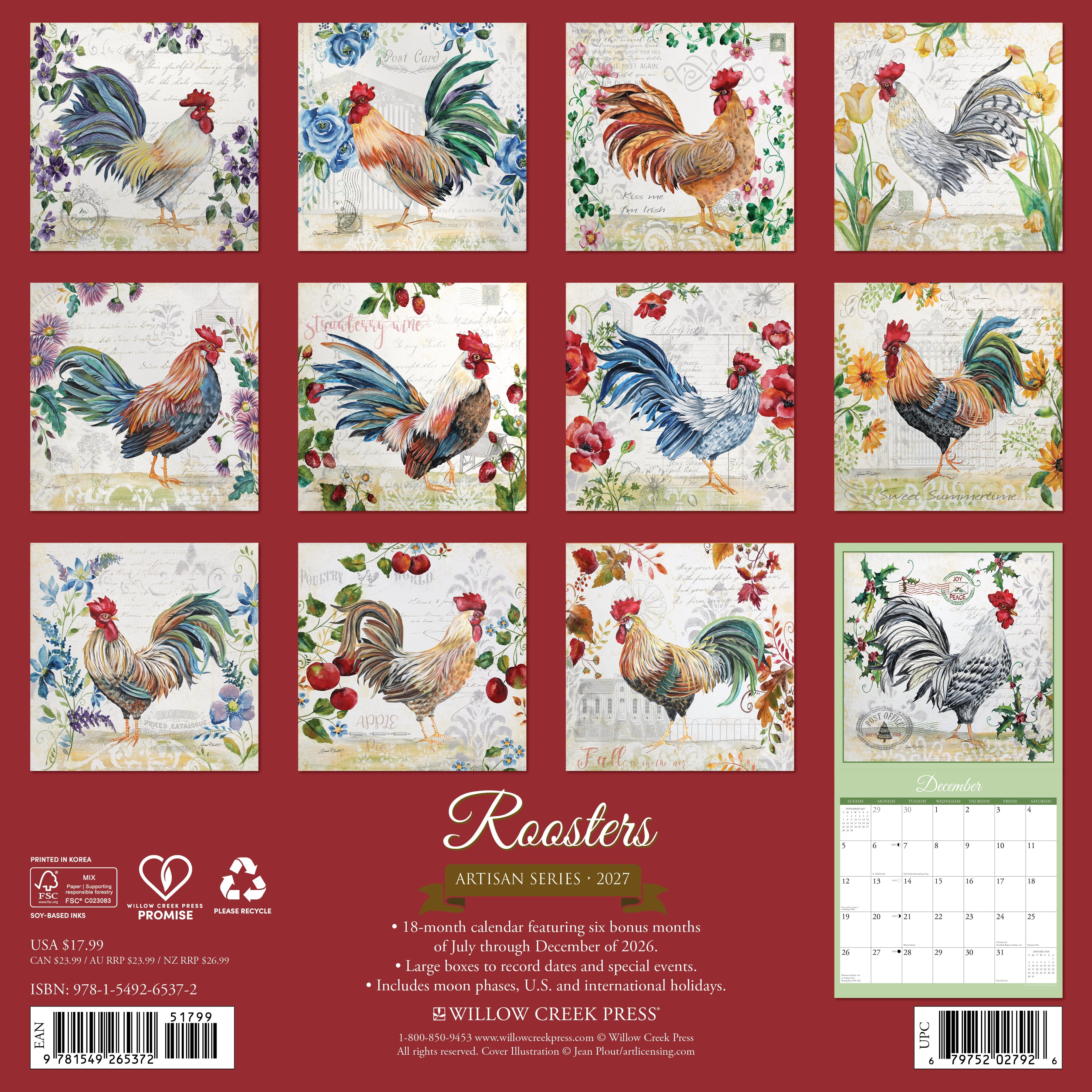 Willow Creek Press, Roosters - Artisan Series 2027 Wall Calendar