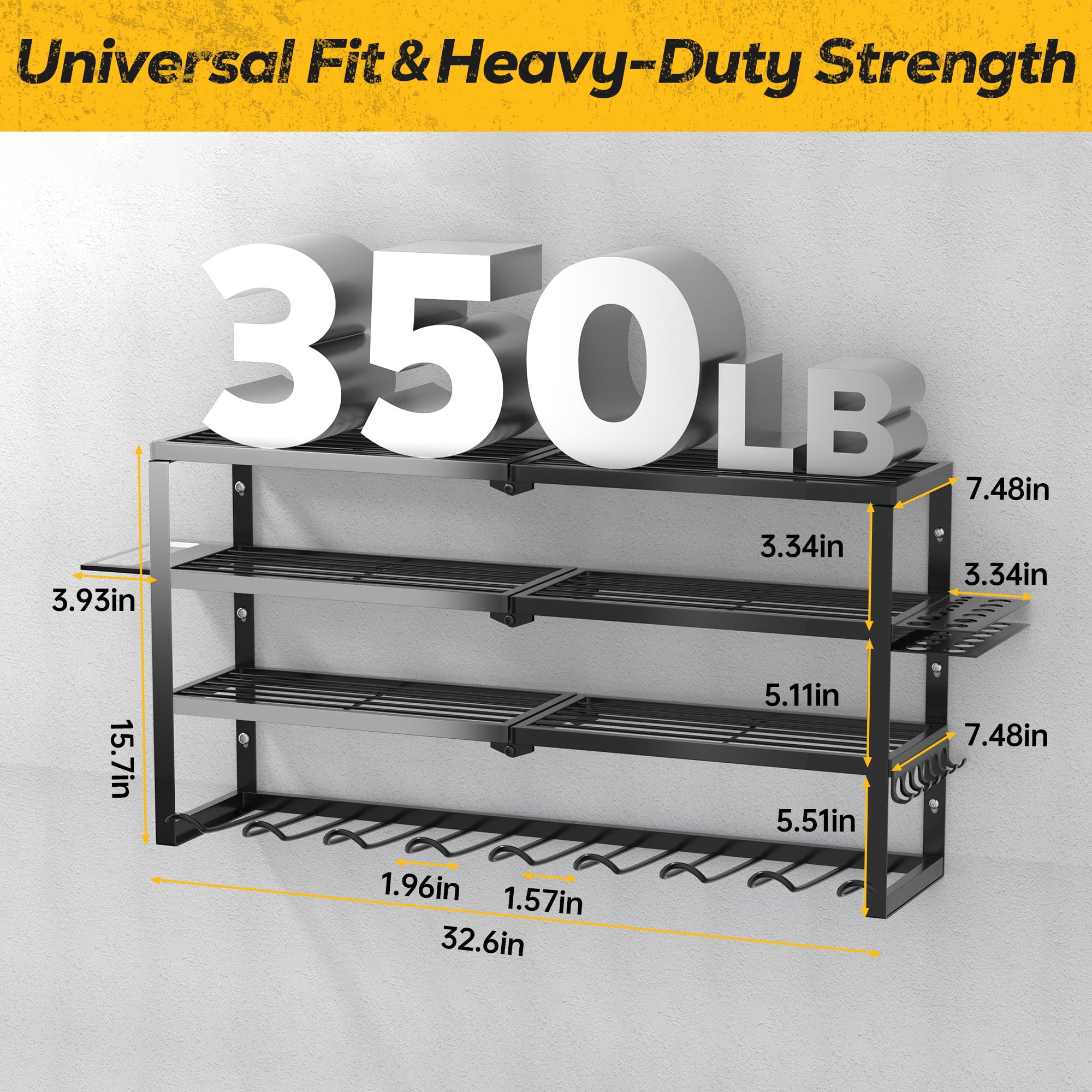 Riousery Heavy Duty Power Tool Organizer Wall Mount, 4-Tier Garage Storage Tool Rack with 8 Cordless Drill Holders, 350 LBS Capacity