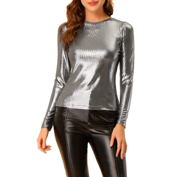 BLUSA BRILLANTE PARA MUJER INSPIRE CHIC, MANGA LARGA, CUELLO REDONDO, AJUSTE REGULAR, BLUSA DE NOCHE BRILLANTE M NEGRO PLATA