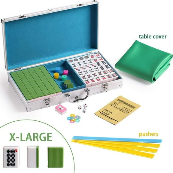 M36LH-1 144 Green Tiles Chinese Mahjong Silver Aluminum Case with Pushers and Cover Set