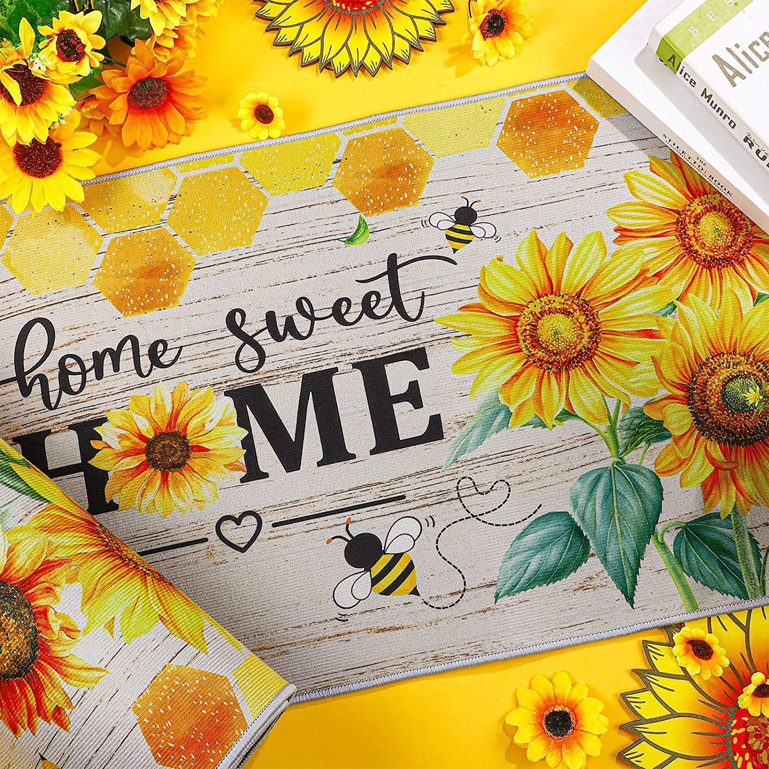 2 Pieces Sunflower Kitchen Rugs Set Kitchen Mats Non Slip Rubber Backing Area Sunflower Rug Home Sweet Home Doormat Washable Indoor Outdoor Floor Mats Country Kitchen Decor, 17 x 30, 17 x 47